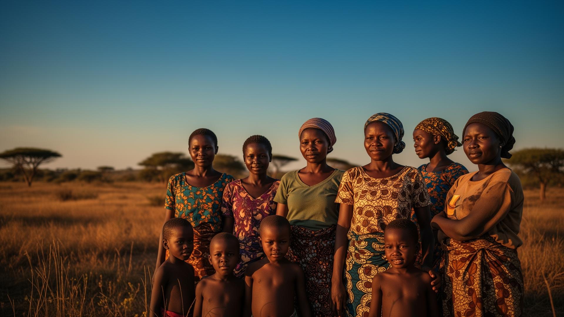 Rural African community standing together at golden hour